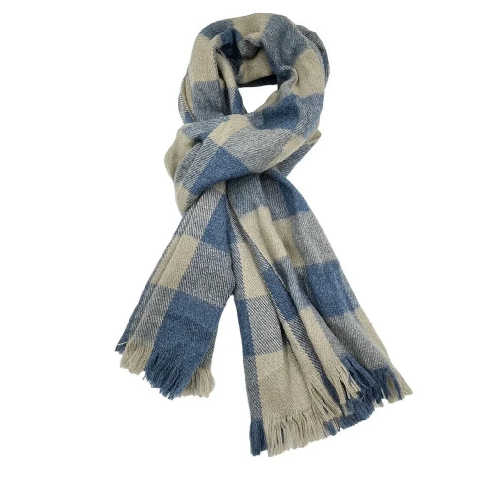 Unisex Fringe Scarf Blue Beige Viscose Plaid Long Rectangular 82 X 24.5 Inches